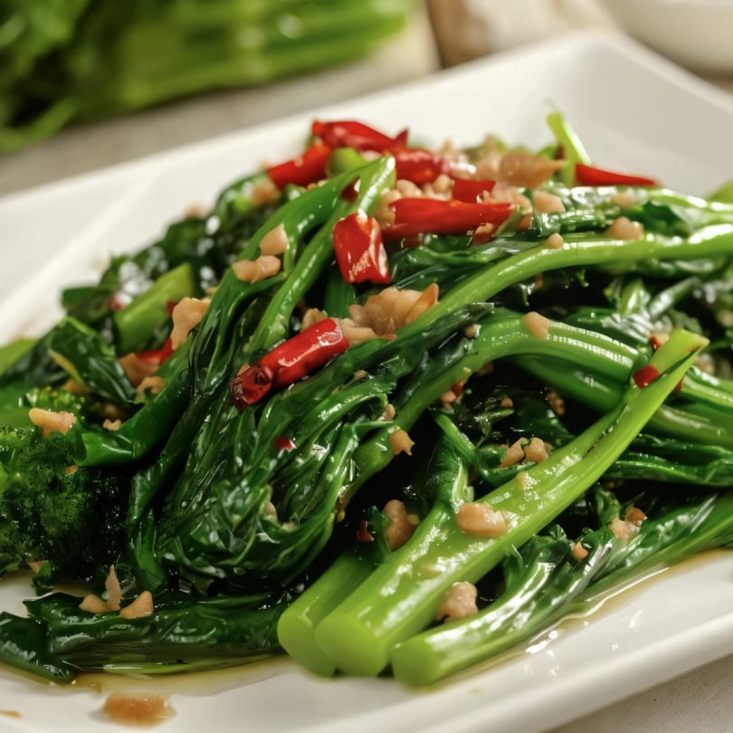 Great Wall Restaurant's stir-fried Chinese broccoli with red chilies and garlic on a white plate.